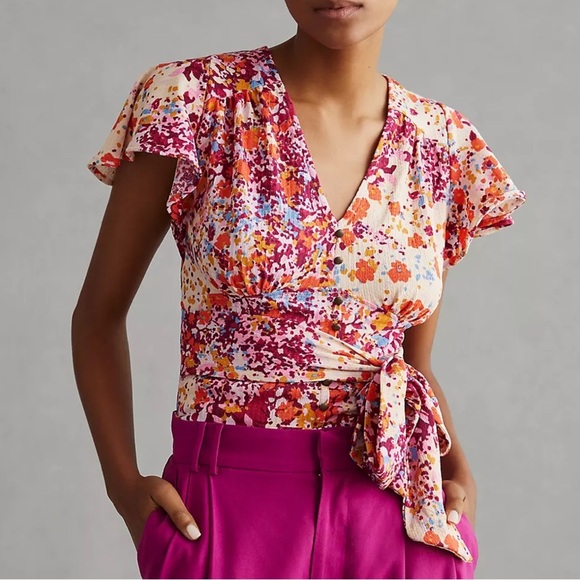 Anthropologie Tops - Anthropologie By Anthropologie V-Neck Flutter Hem Top Blouse. Small. Floral.NWT.
